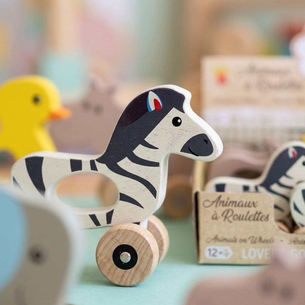 Wooden Pull Along Animal on Wheels Toddler Toy - close-up