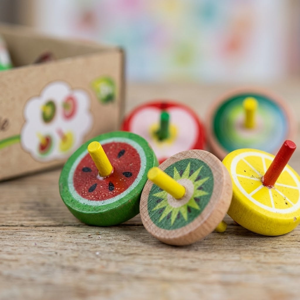 Wooden Spinning Top Fruit Design 3.8 cm - close-up