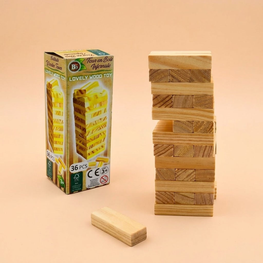 Wooden Block Stacking Tower Game 48 Pieces 24 cm - studio photo