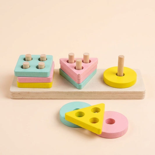Wooden Shape Sorter Stacking Toy 9 Pieces - studio photo