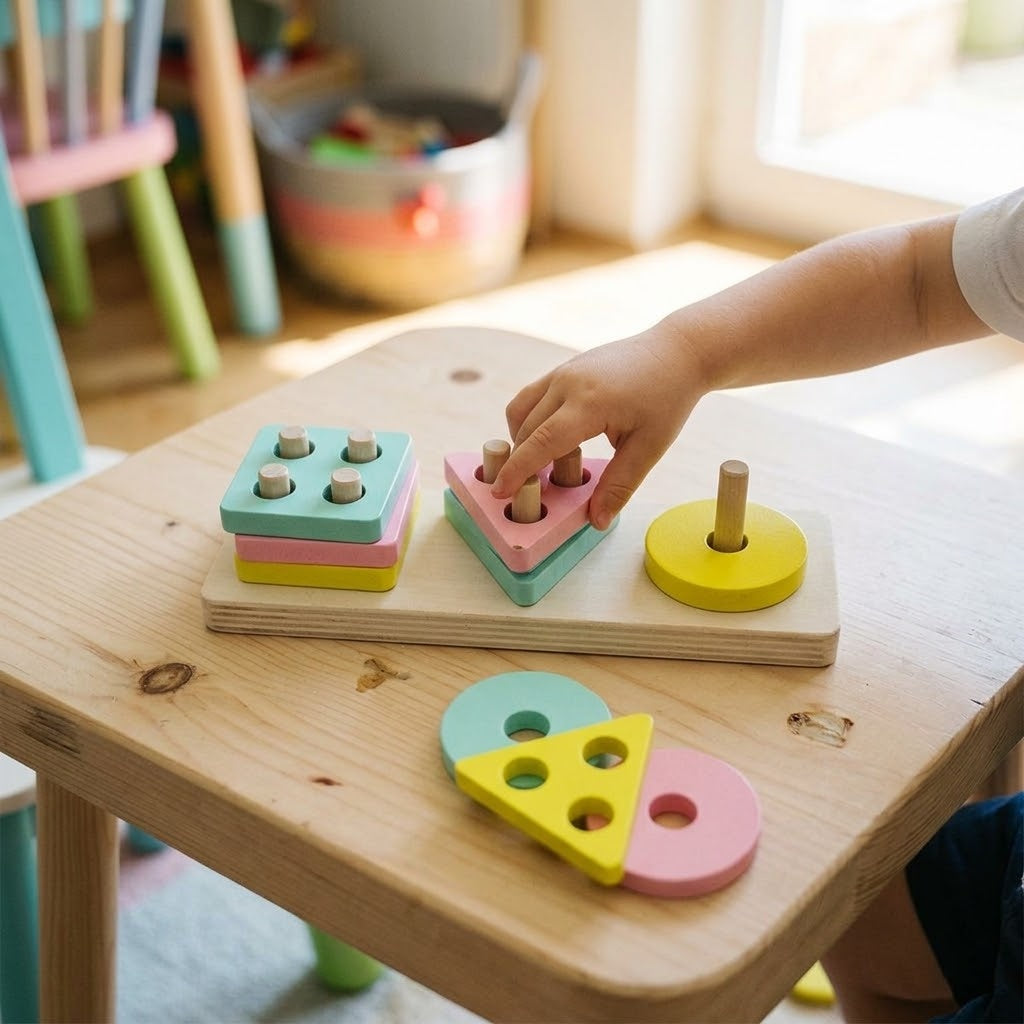 Wooden Shape Sorter Stacking Toy 9 Pieces - lifestyle photo