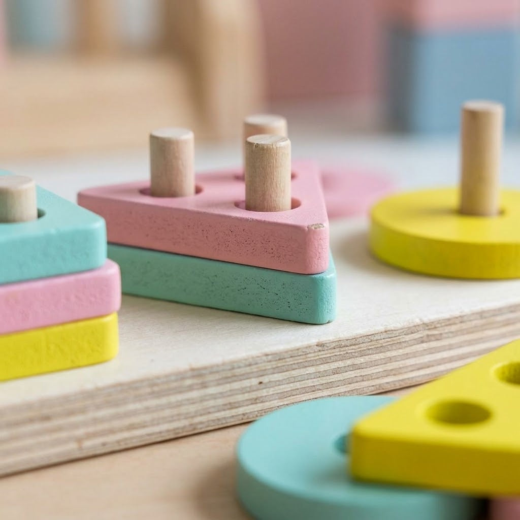 Wooden Shape Sorter Stacking Toy 9 Pieces - close-up