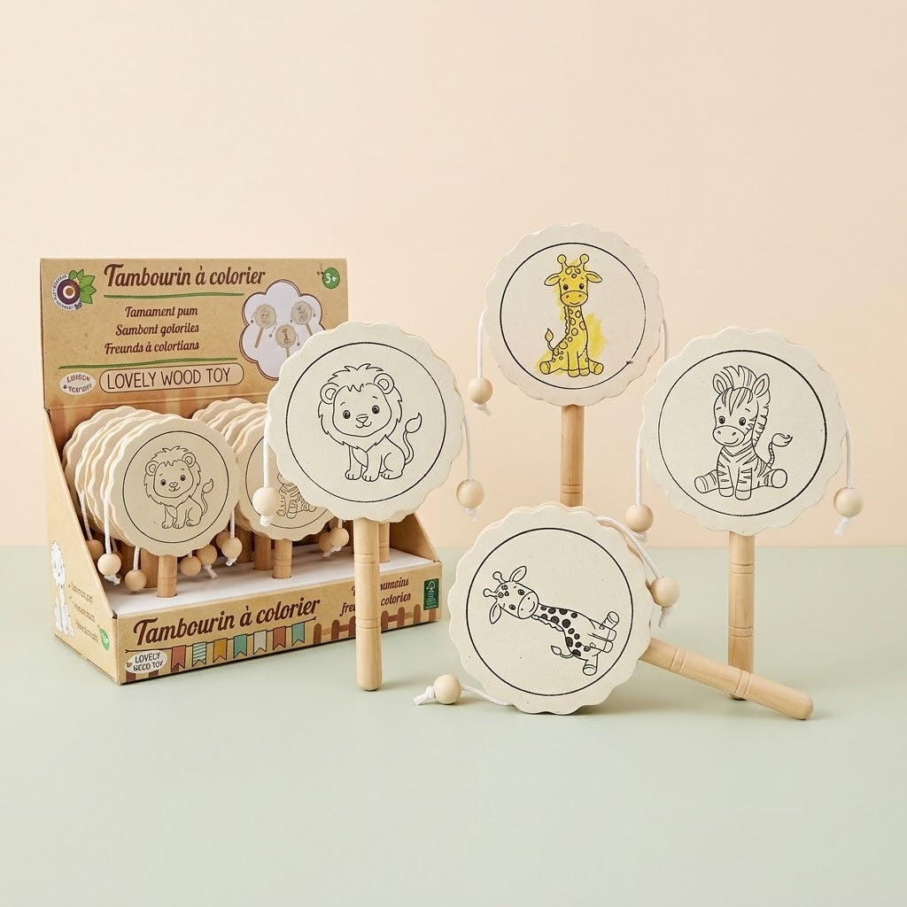 Colour-In Wooden Tambourine Jungle Animals 16 x 9 cm - studio photo