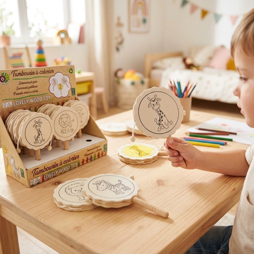 Colour-In Wooden Tambourine Jungle Animals 16 x 9 cm - lifestyle photo