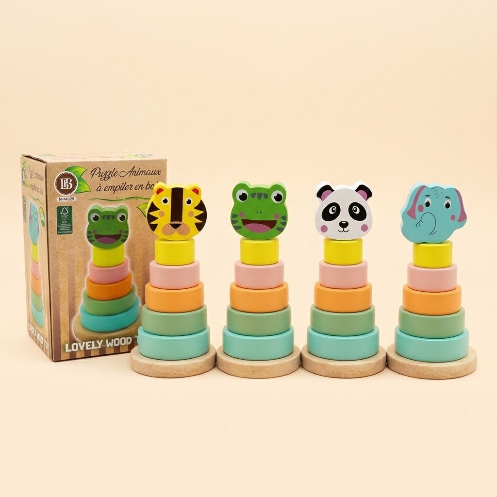 Wooden Stacking Puzzle with Animal Head 17 cm - studio photo
