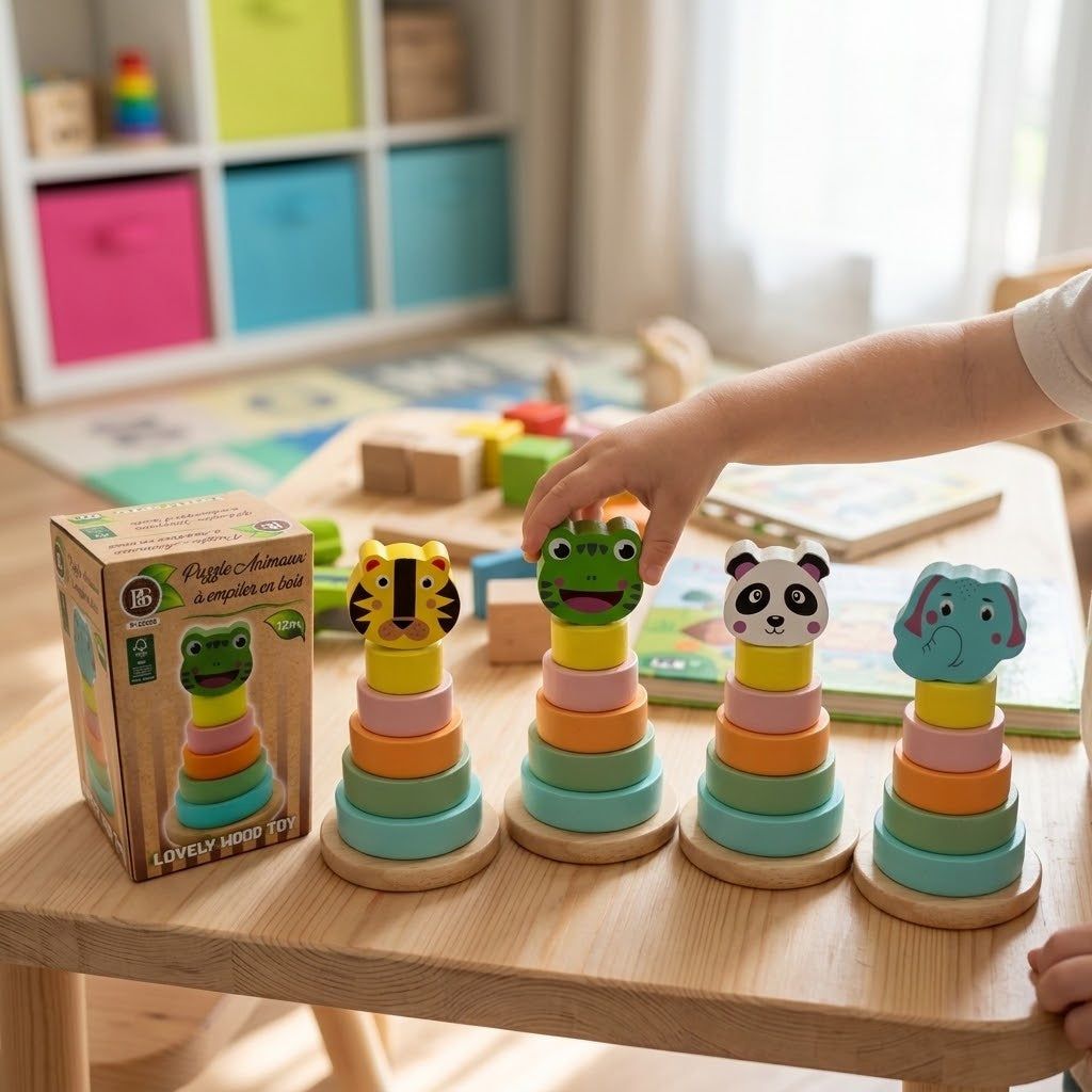 Wooden Stacking Puzzle with Animal Head 17 cm - lifestyle photo
