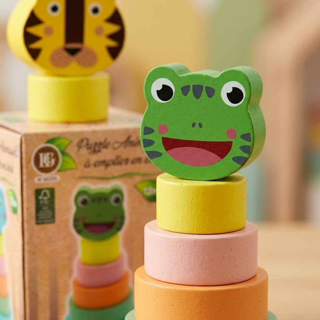 Wooden Stacking Puzzle with Animal Head 17 cm - close-up