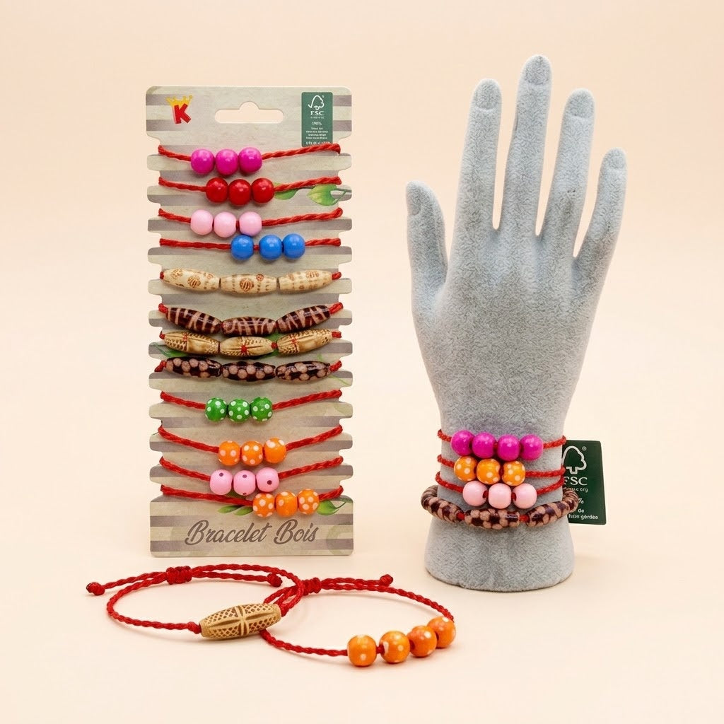 Cord and Wooden Bead Fashion Bracelet for Kids - studio photo