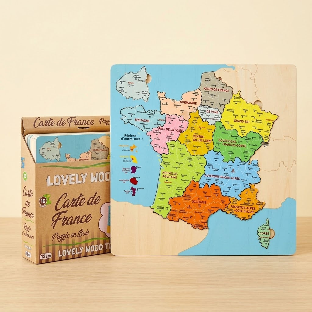 Wooden Map of France Jigsaw Puzzle 14 Pieces - studio photo