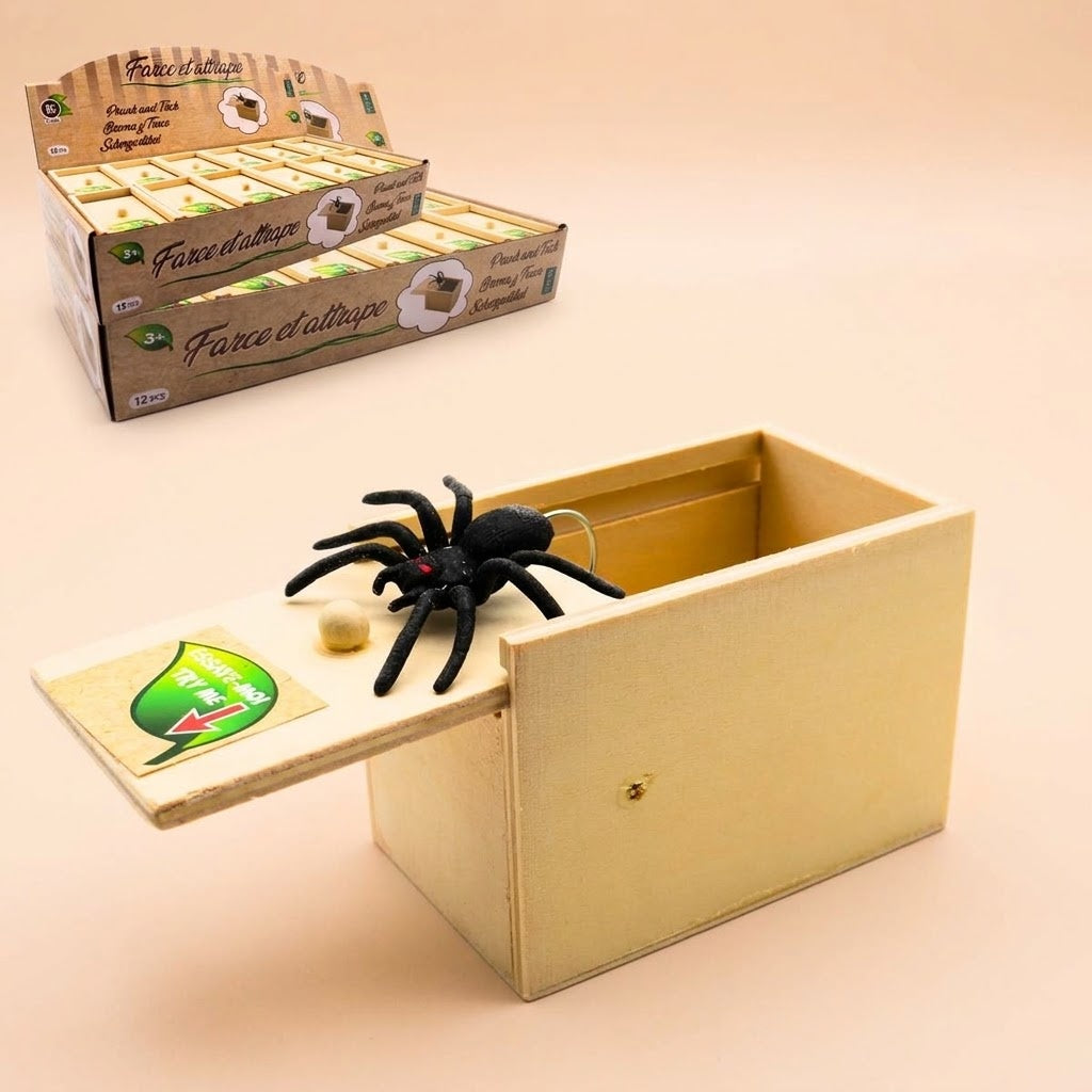 Wooden Surprise Box with Jumping Spider Prank Toy - studio photo