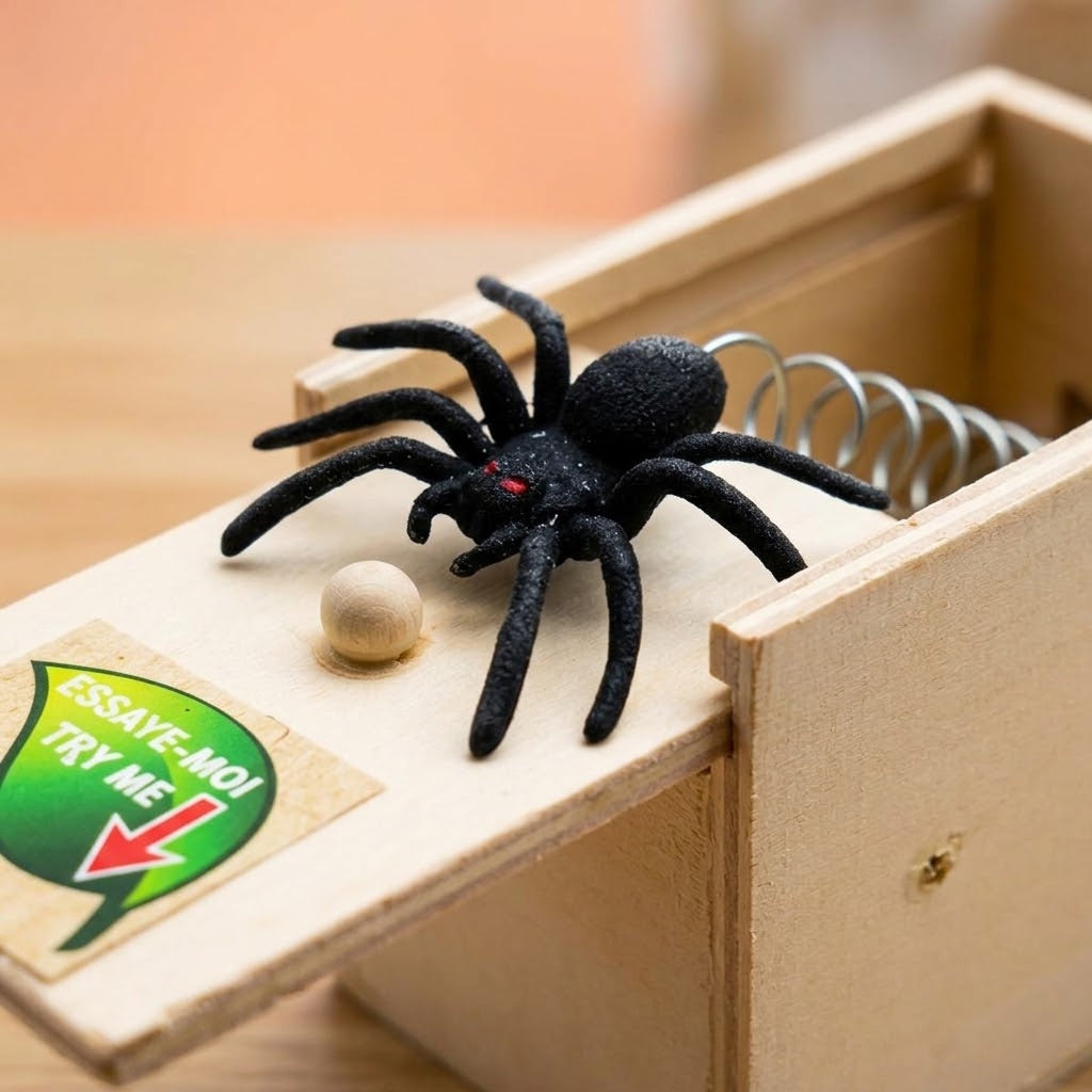 Wooden Surprise Box with Jumping Spider Prank Toy - close-up