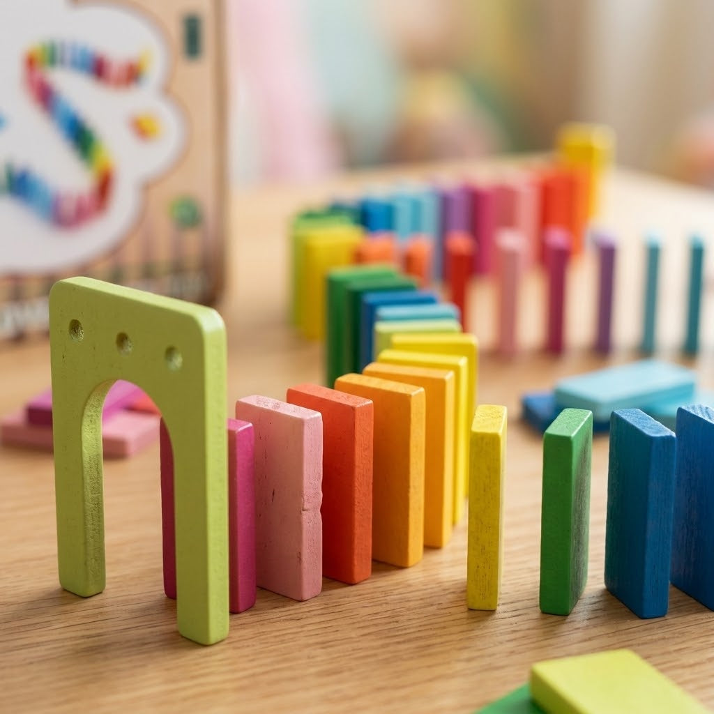 Wooden Domino Run Set 123 Pieces Toppling Dominoes - close-up