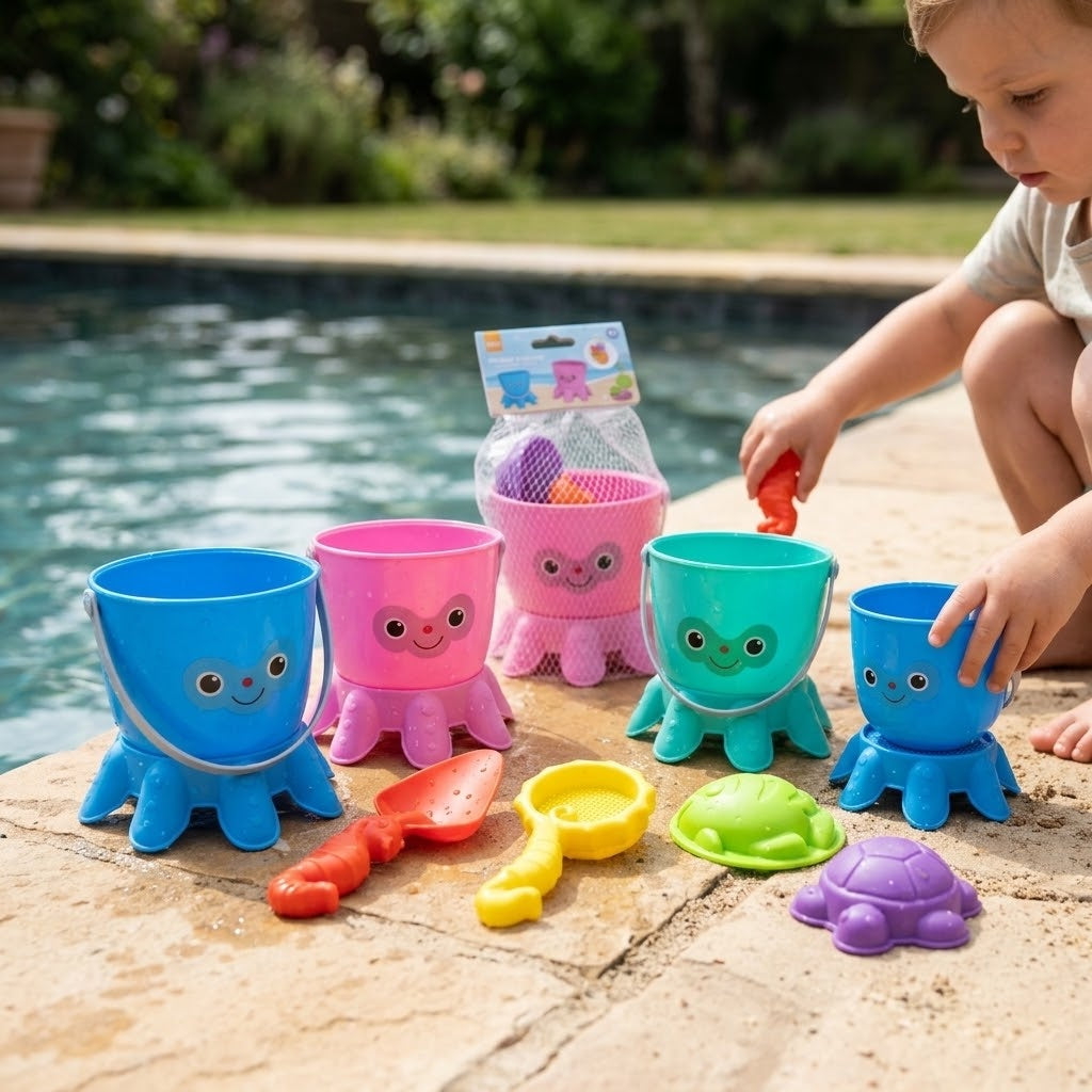 Beach Bucket Set with Sieve Spades and Sand Moulds - lifestyle photo