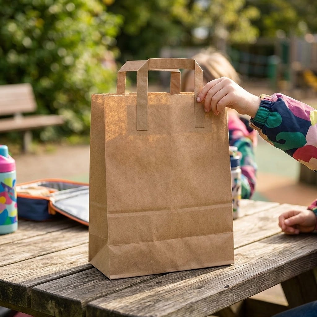 Kraft Paper Food Bags with Flat Handle 26 x 14 x 32 cm - lifestyle photo