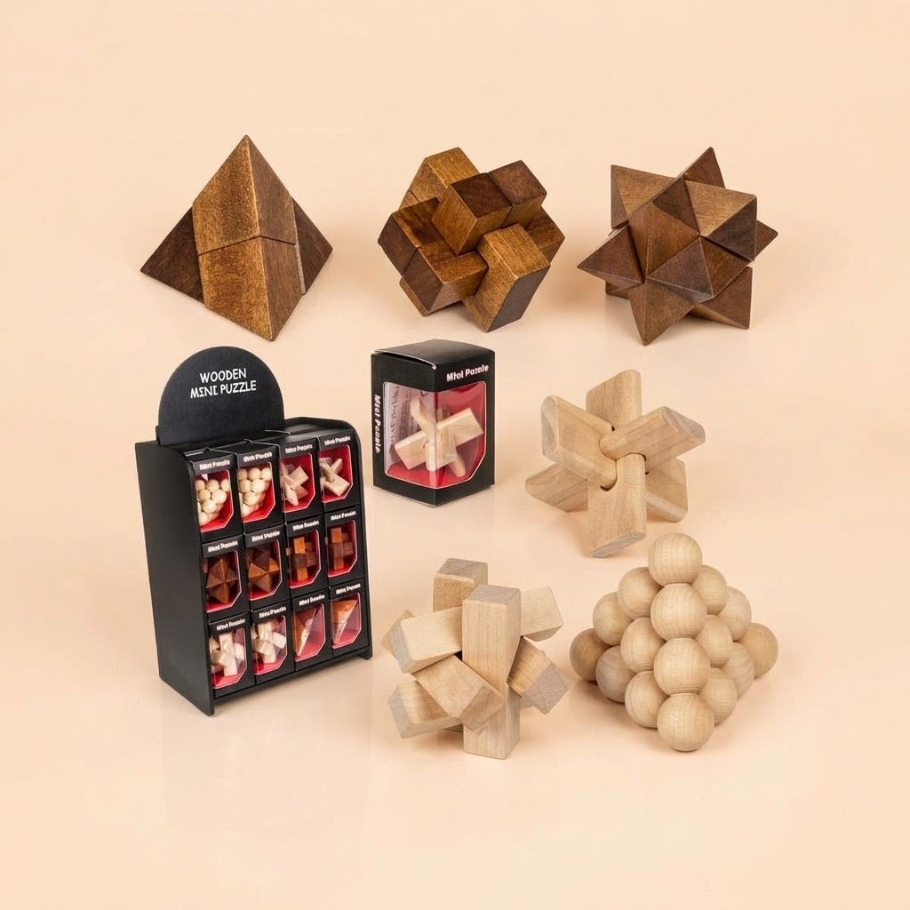 Wooden Puzzle Brain Teaser Game in Gift Box - studio photo