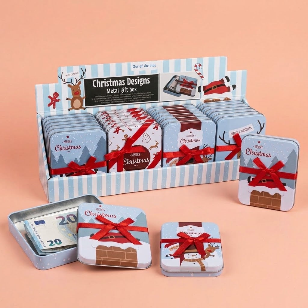 Christmas Metal Gift Tin with Ribbon - studio photo