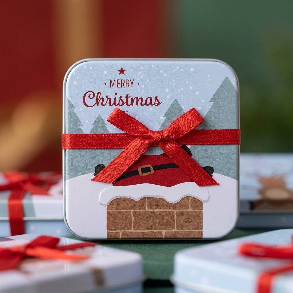 Christmas Metal Gift Tin with Ribbon - close-up