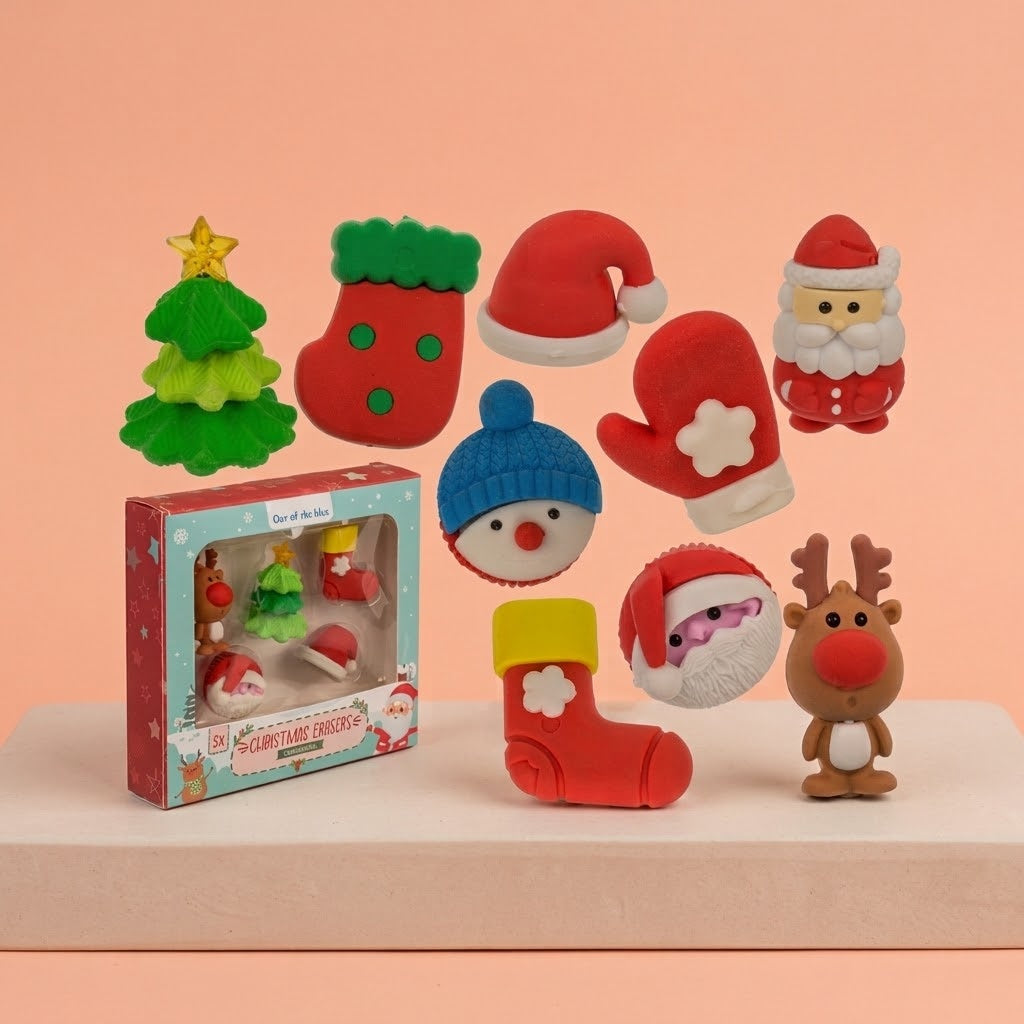 3D Christmas Erasers Box of 5 Collectible Rubbers - studio photo