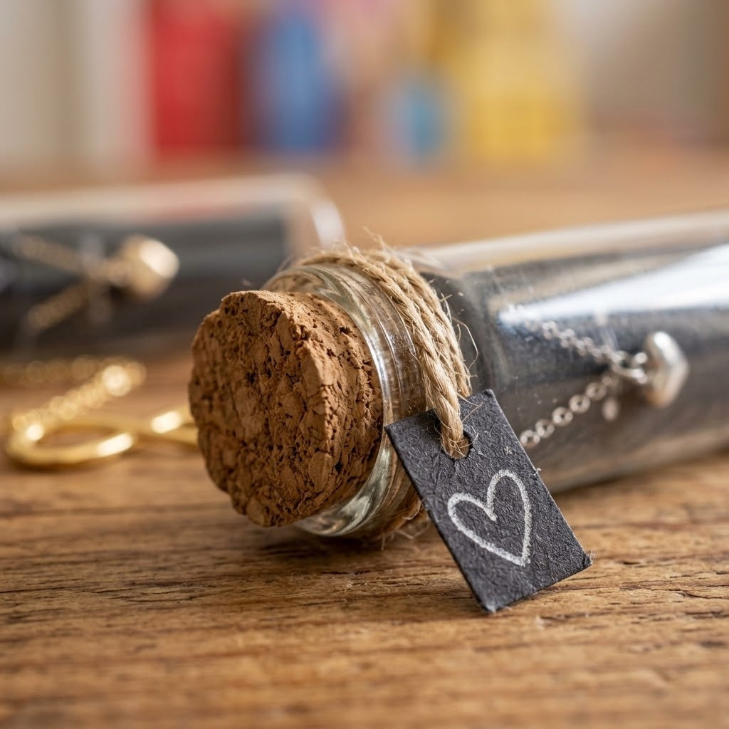 Glass Bottle Necklace with Cork Stopper 45 cm Chain - close-up