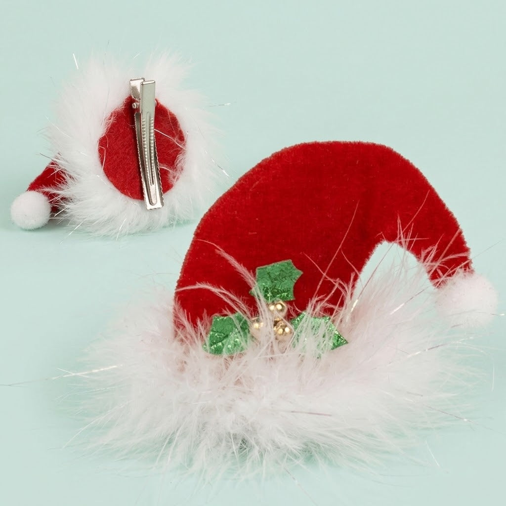 Santa Hat Hair Clip with Feathers and Mistletoe - studio photo