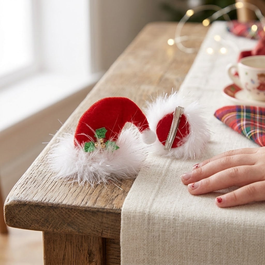 Santa Hat Hair Clip with Feathers and Mistletoe - lifestyle photo