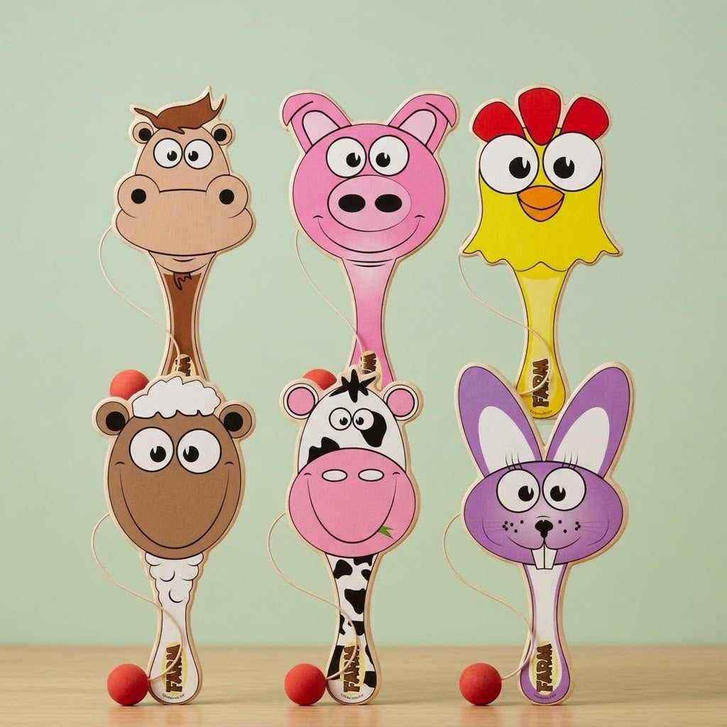 Wooden Paddle Ball Farm Animal Bat 22 cm - studio photo