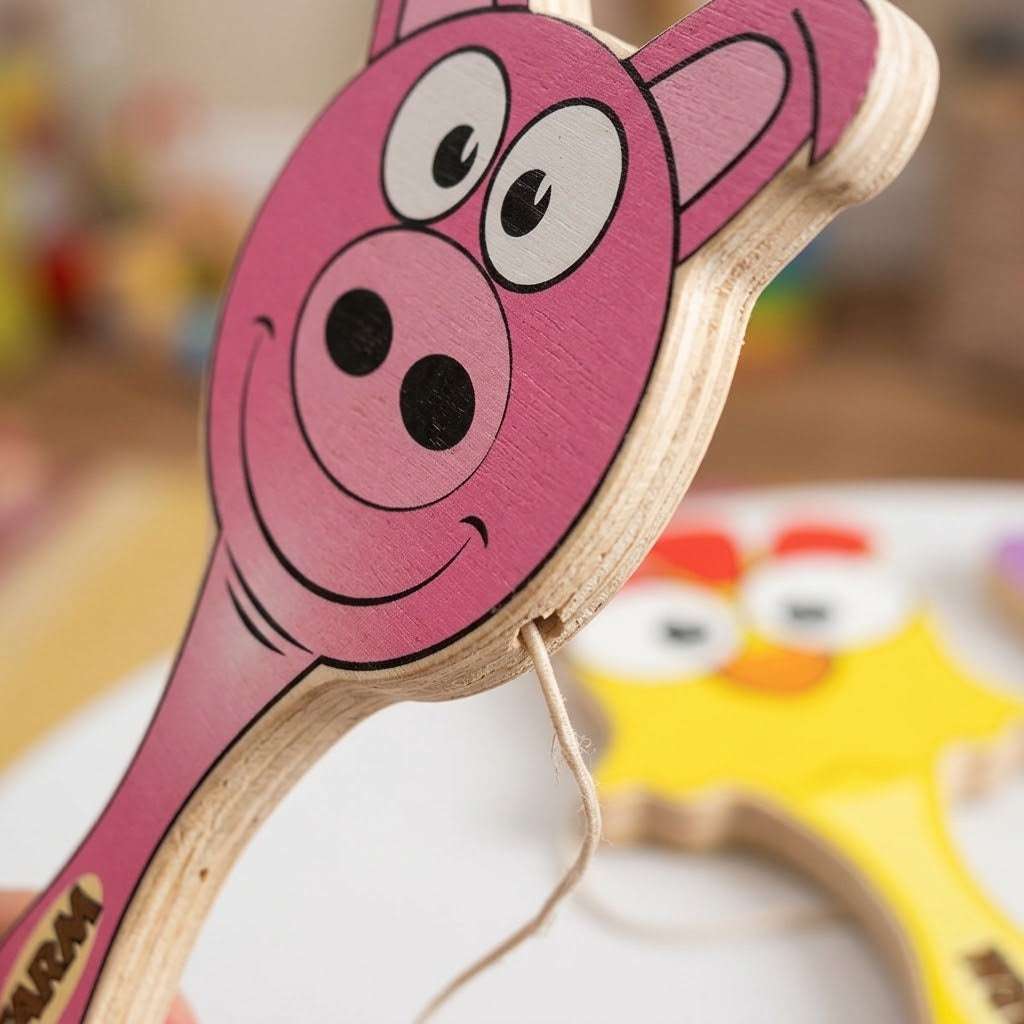 Wooden Paddle Ball Farm Animal Bat 22 cm - close-up