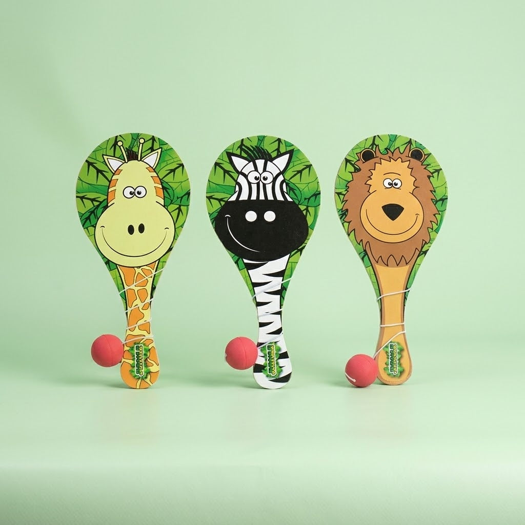 Wooden Paddle Ball Game Jungle Animals 22 x 10 cm - studio photo
