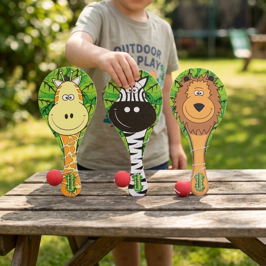 Wooden Paddle Ball Game Jungle Animals 22 x 10 cm - lifestyle photo