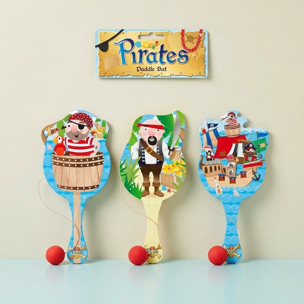 Wooden Paddle Ball Game Pirate Design 22 x 10 cm - studio photo