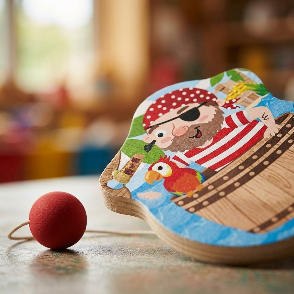 Wooden Paddle Ball Game Pirate Design 22 x 10 cm - close-up