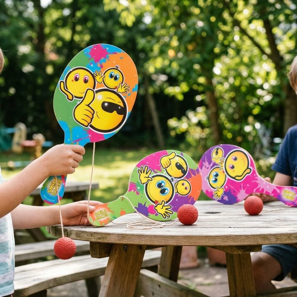 Wooden Paddle Ball Smiley Face Bat 21 cm - lifestyle photo