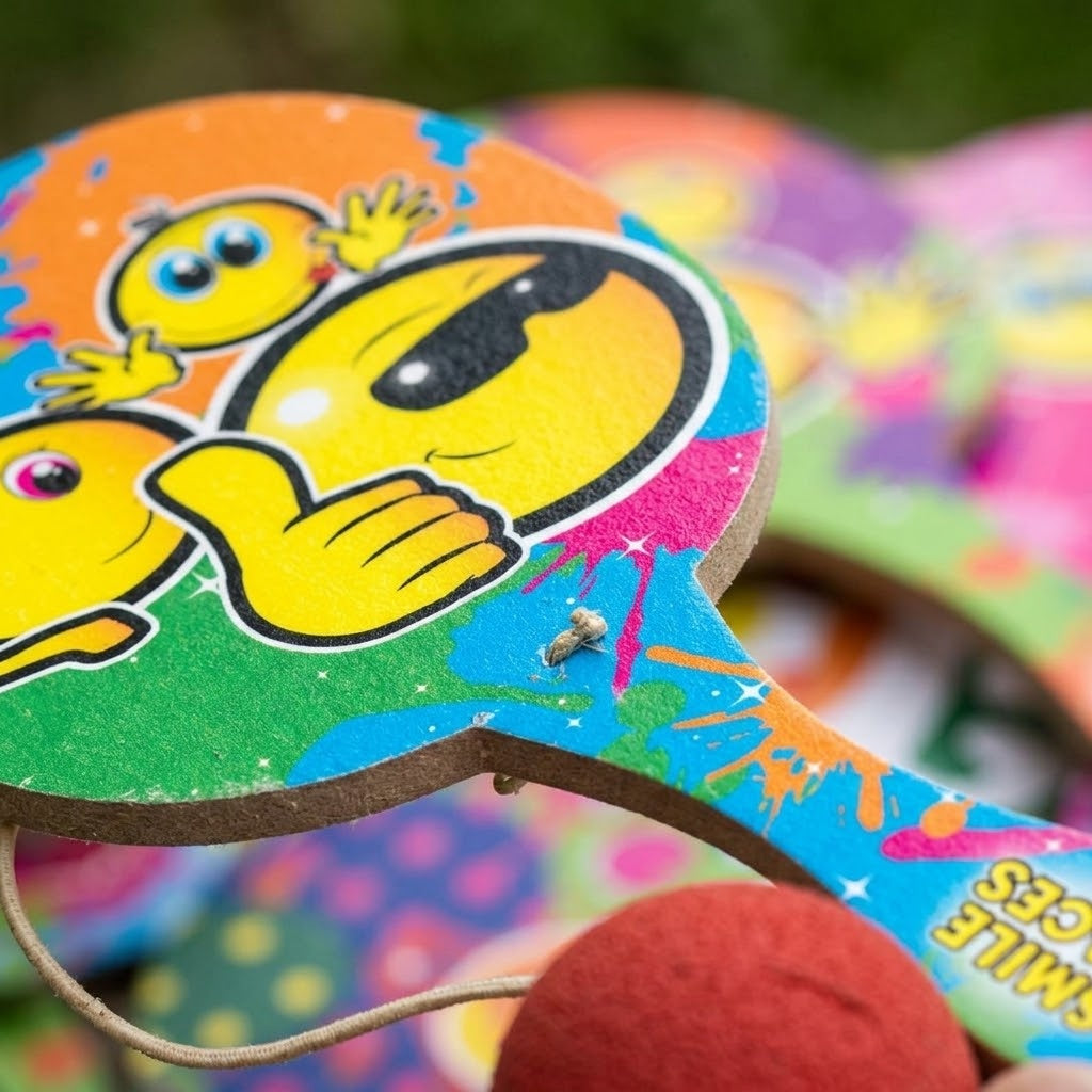 Wooden Paddle Ball Smiley Face Bat 21 cm - close-up