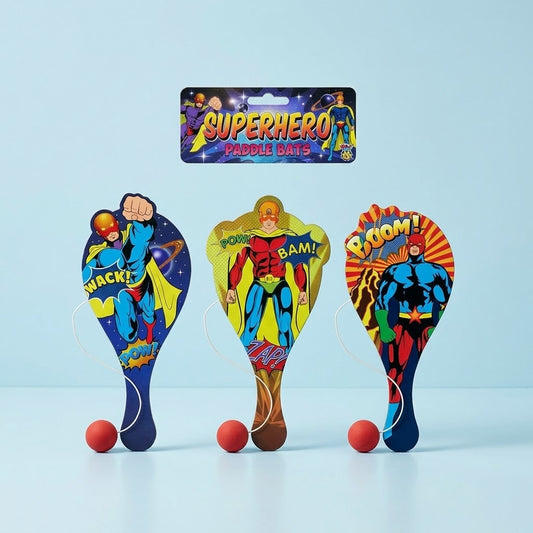 Wooden Paddle Ball Game Superhero Design 22 x 10 cm - studio photo