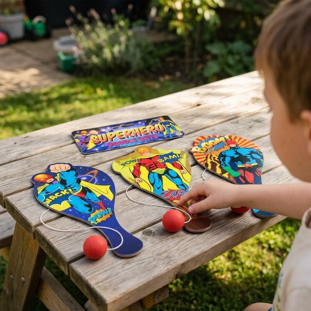 Wooden Paddle Ball Game Superhero Design 22 x 10 cm - lifestyle photo