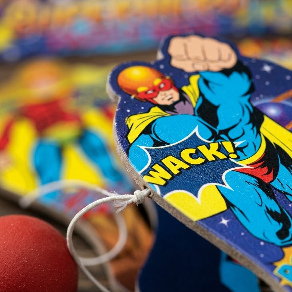 Wooden Paddle Ball Game Superhero Design 22 x 10 cm - close-up