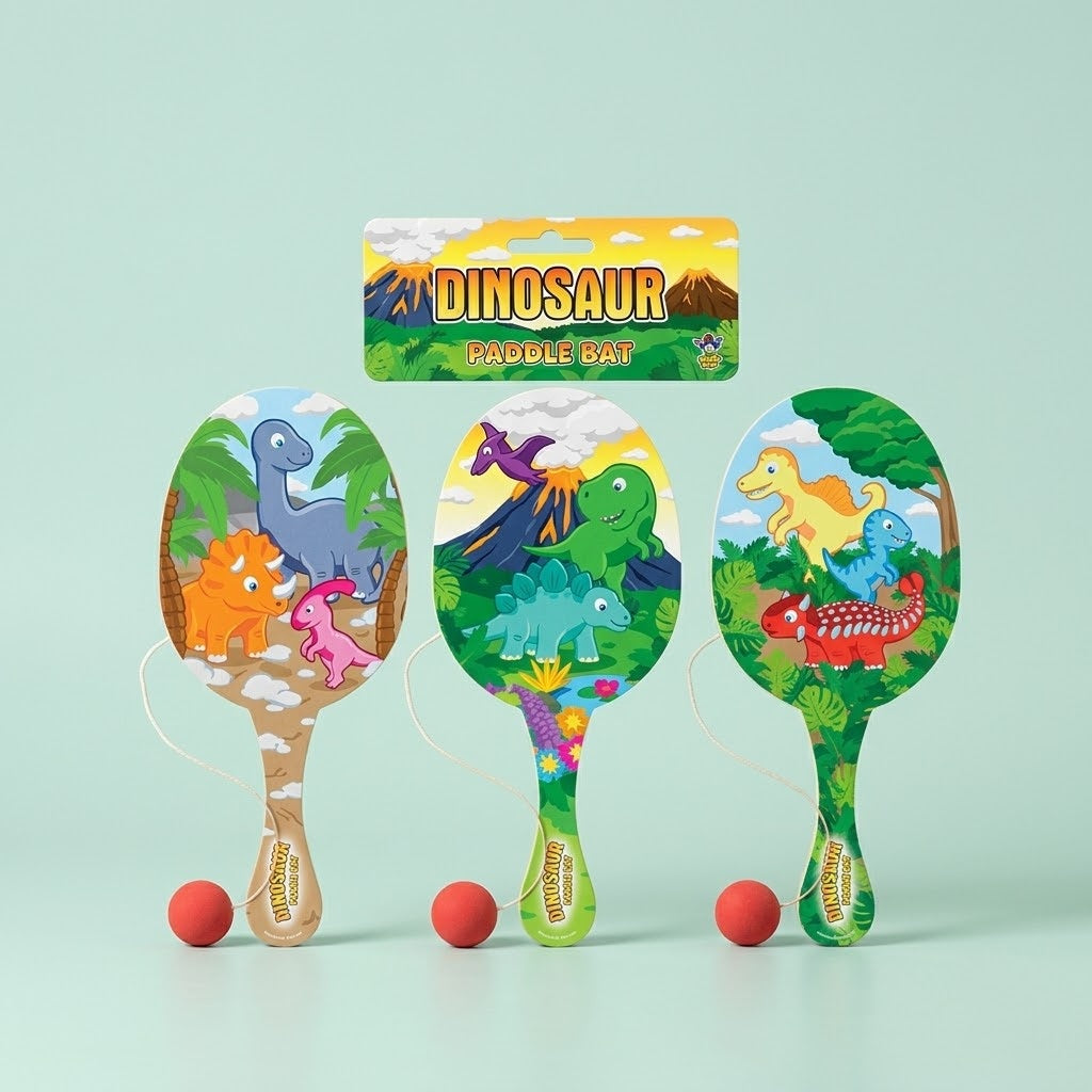 Wooden Paddle Ball Game Dinosaur Design 22 x 10 cm - studio photo