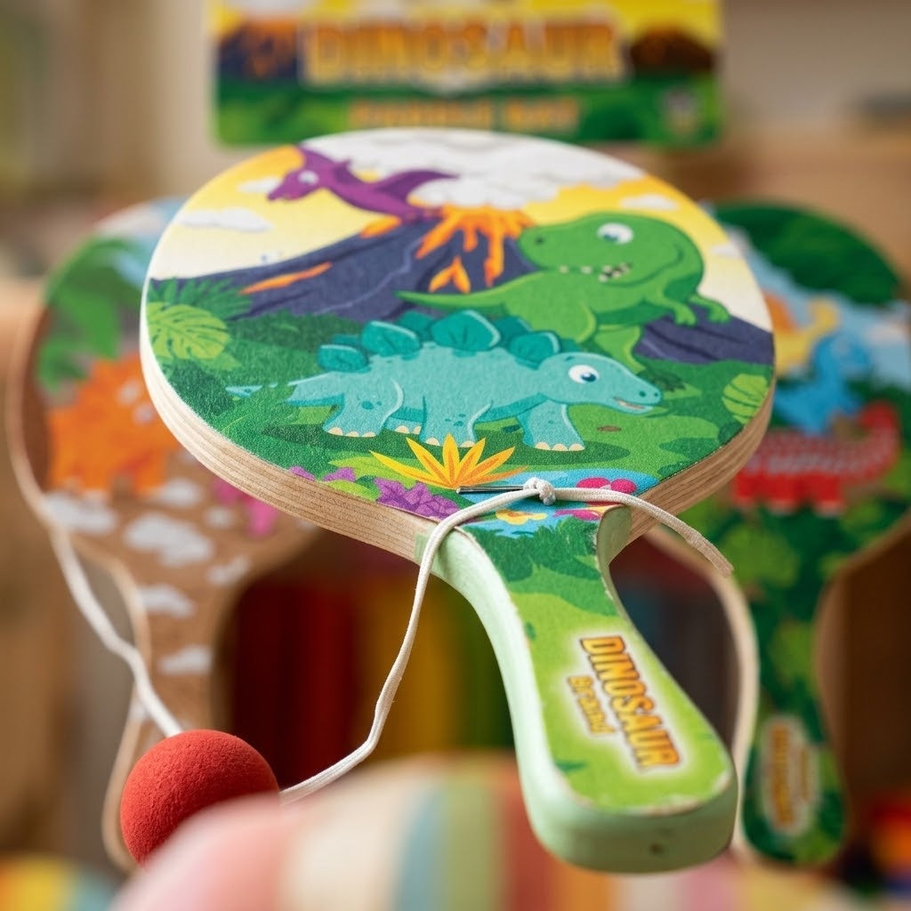 Wooden Paddle Ball Game Dinosaur Design 22 x 10 cm - close-up
