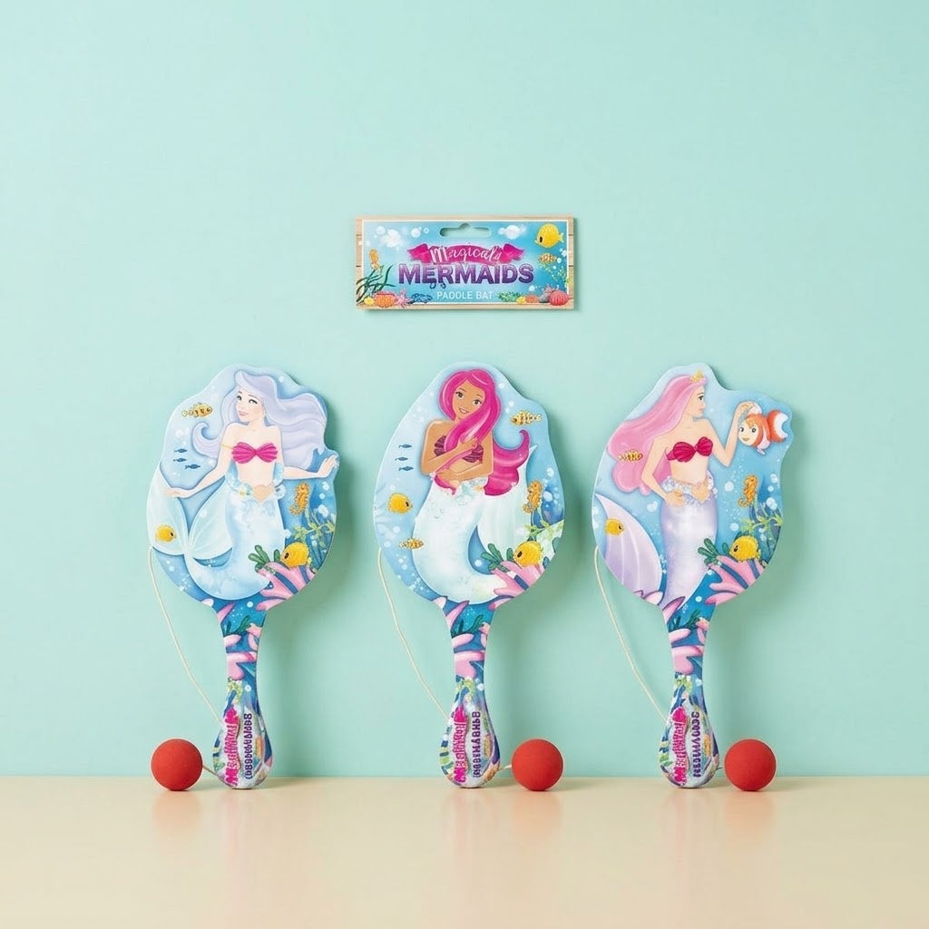 Wooden Paddle Ball Game Mermaid Design 22 x 10 cm - studio photo