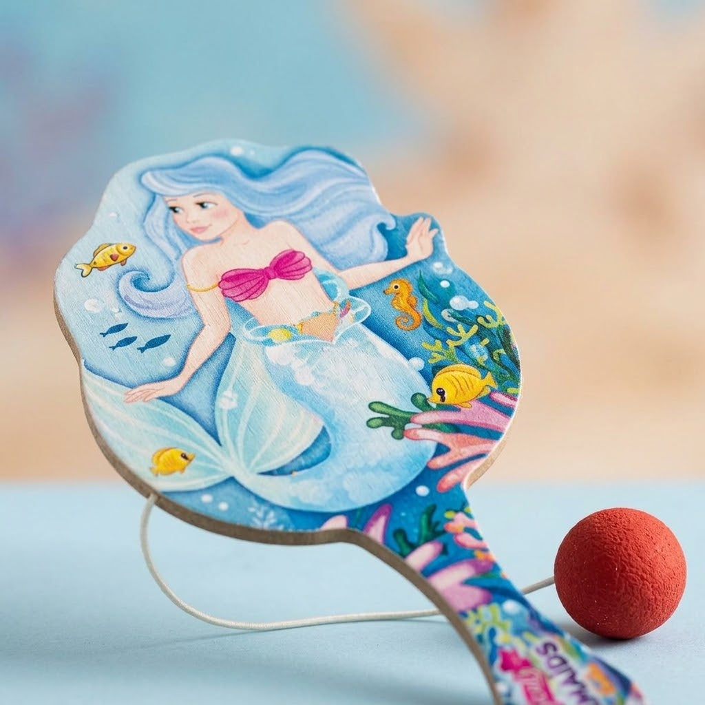 Wooden Paddle Ball Game Mermaid Design 22 x 10 cm - close-up