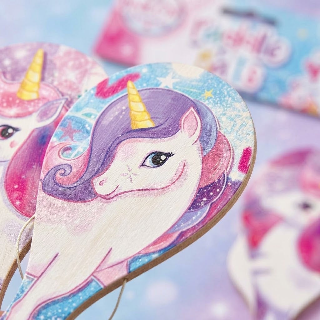 Wooden Paddle Ball Game Unicorn Design 22 x 10 cm - close-up