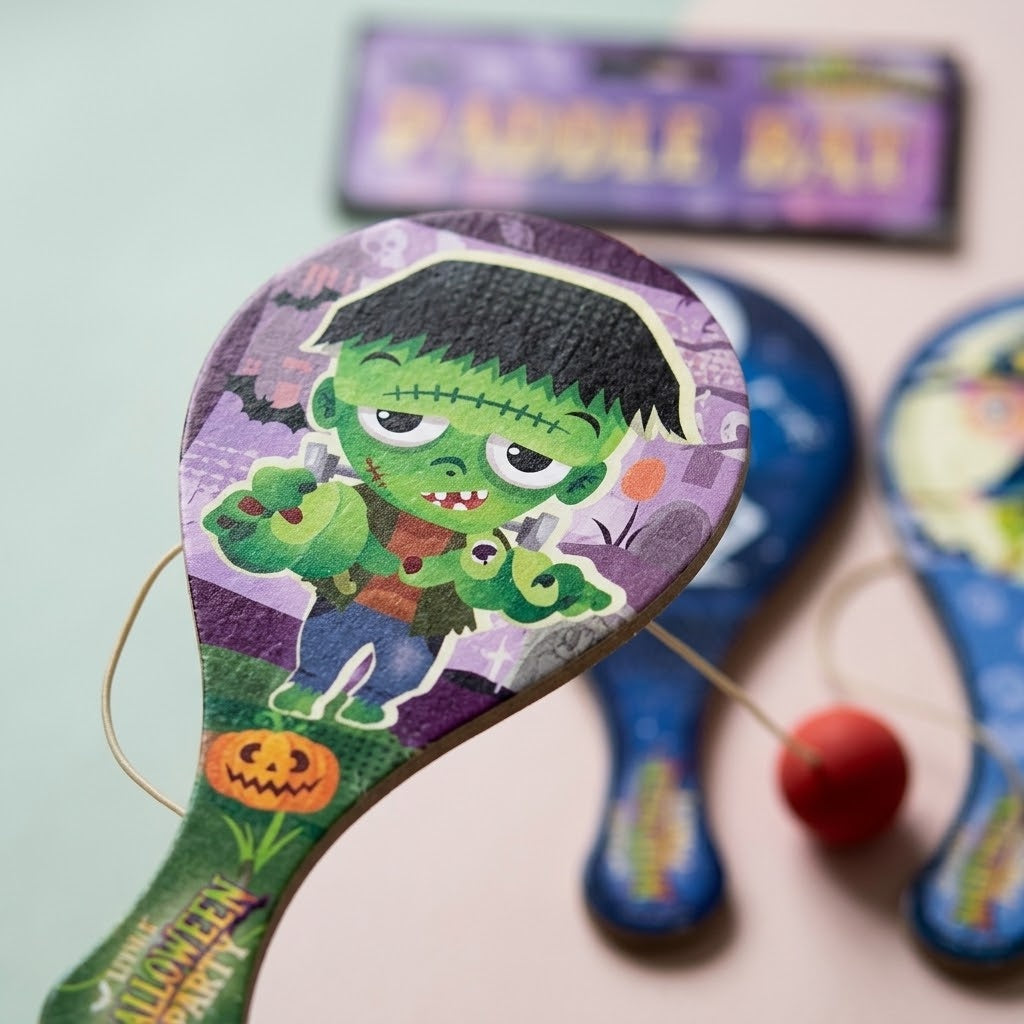 Wooden Paddle Ball Game Halloween Design 22 x 10 cm - close-up