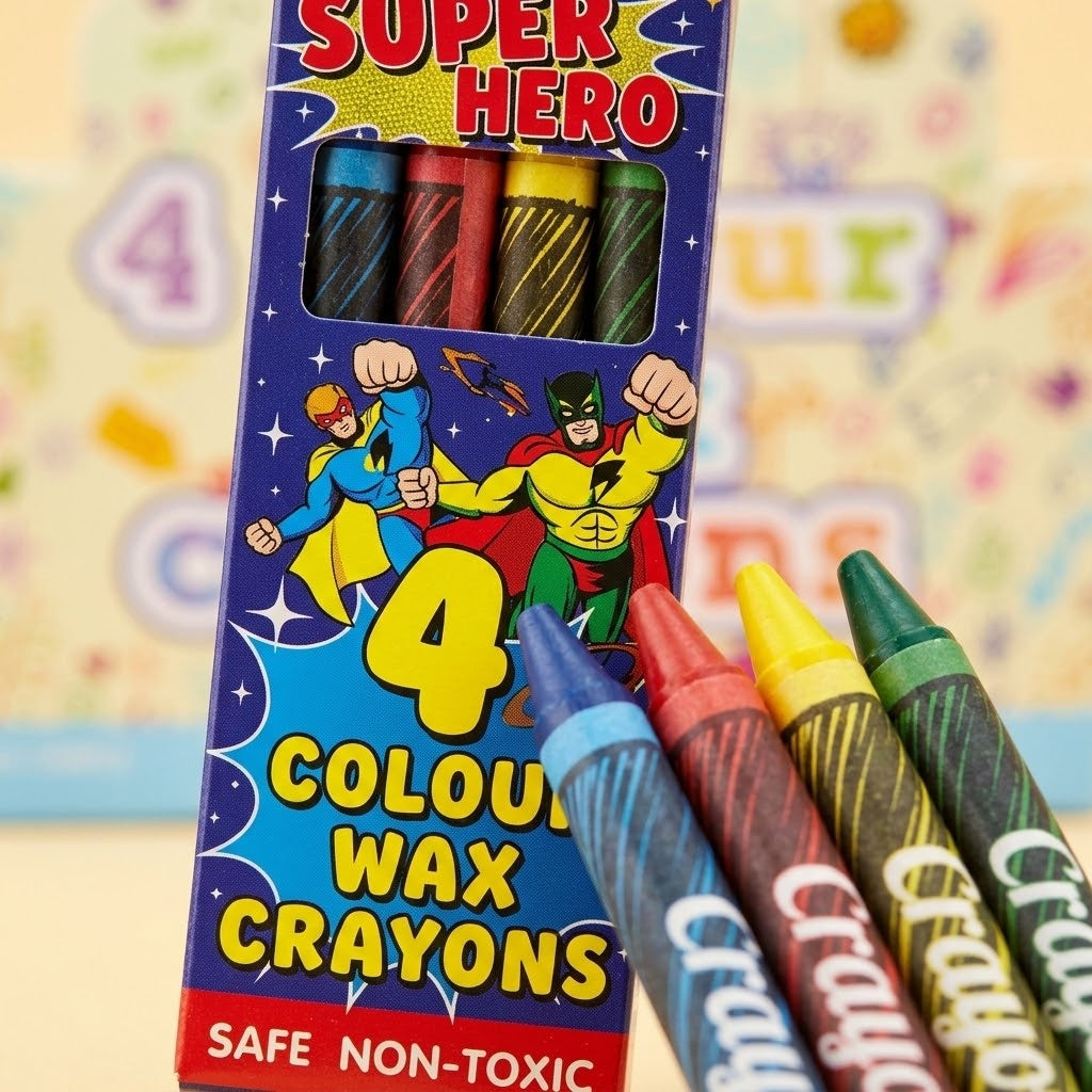 Superhero Wax Crayons Box of 4 Party Bag Filler - close-up