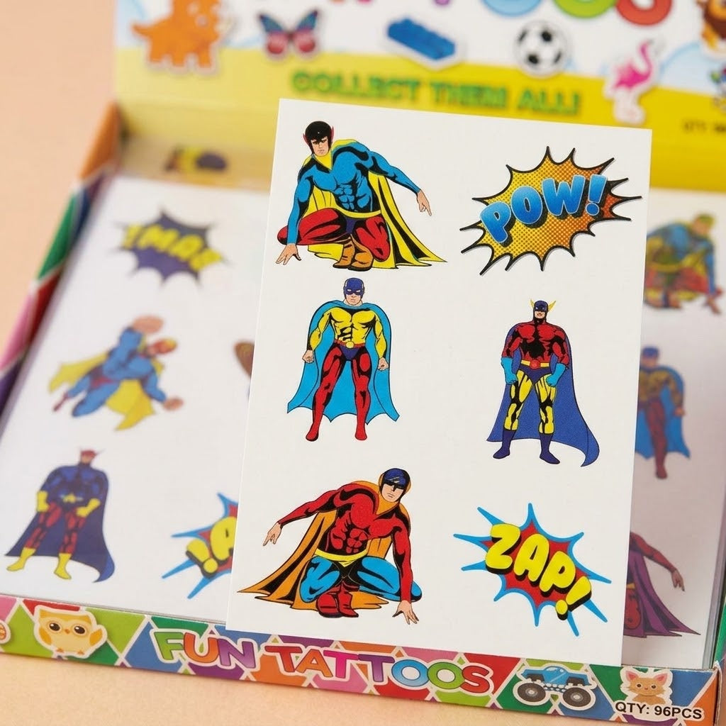 Superhero Temporary Tattoos for Kids – 6 Pack - close-up