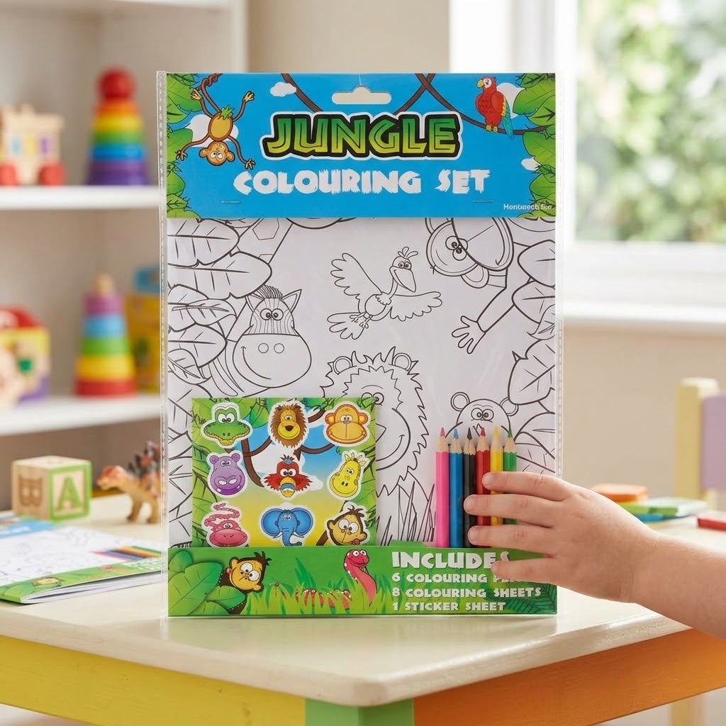 Jungle Animals Colouring Kit A4 with Pencils & Stickers - lifestyle photo