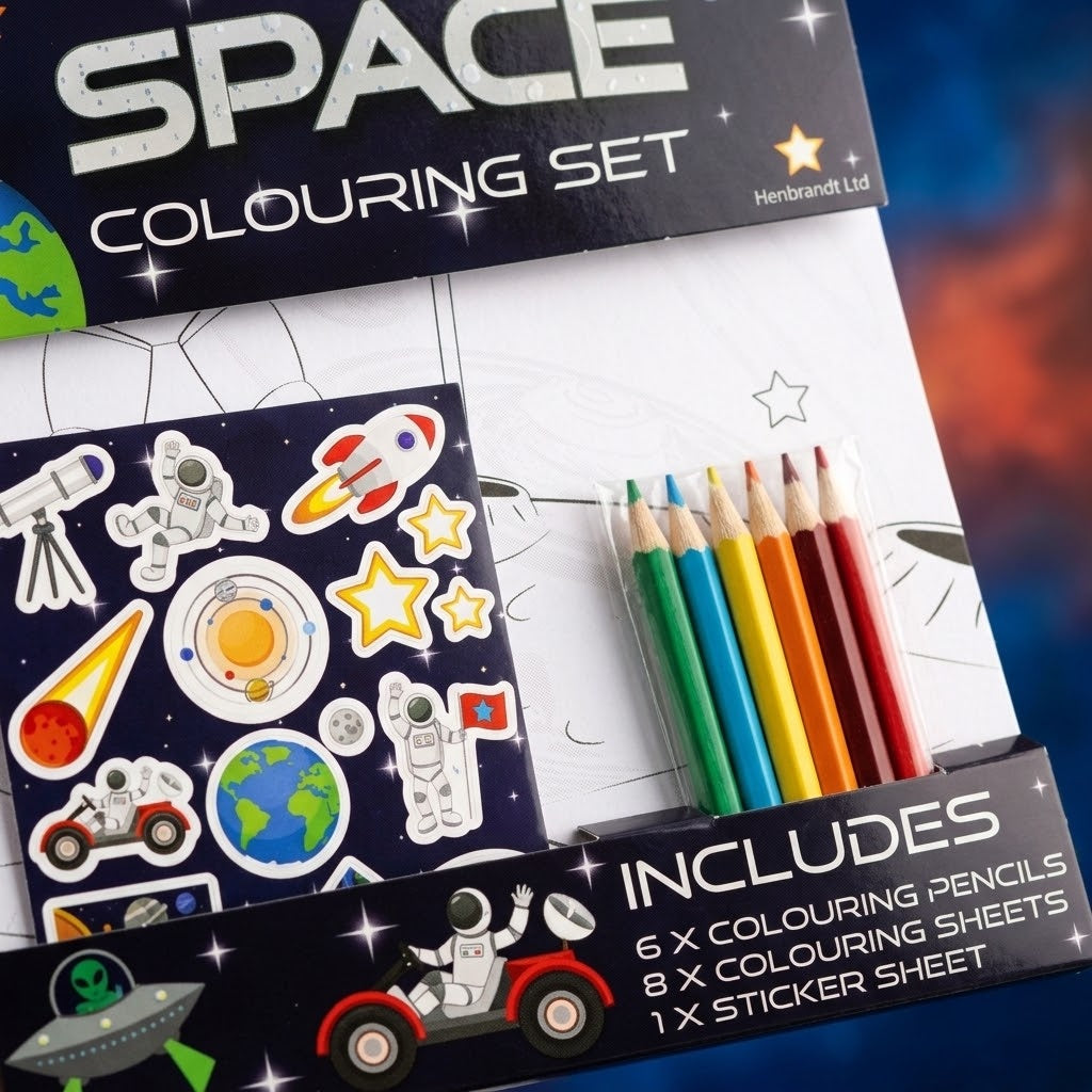 Space Colouring Kit A4 with Pencils & Stickers - close-up