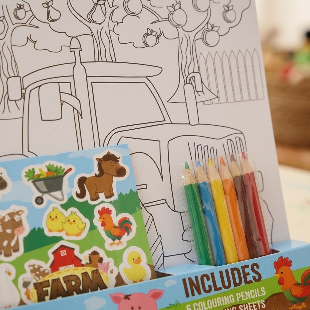 Farm Colouring Kit A4 with Pencils & Stickers - close-up