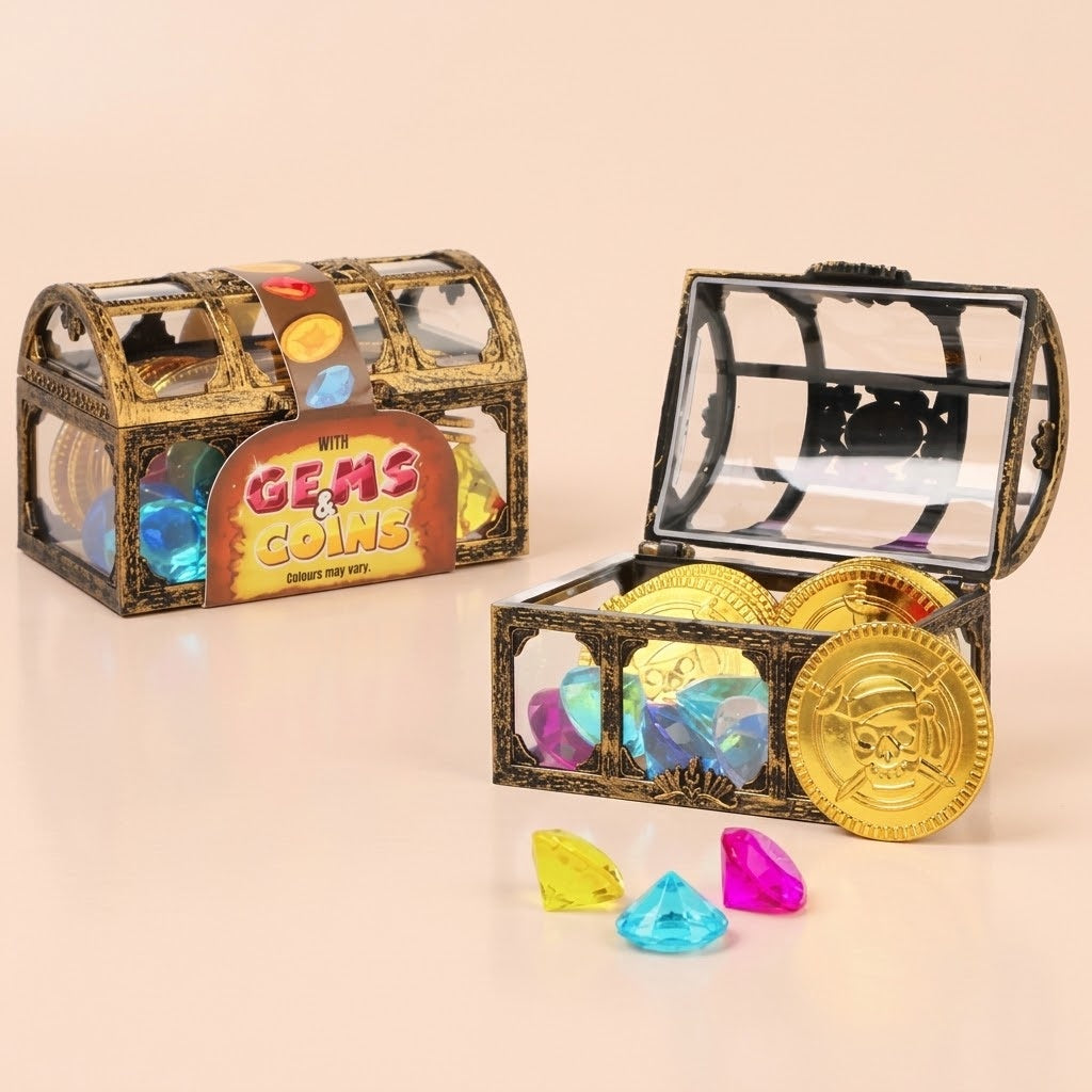 Pirate Treasure Chest with Gold Coins & Gems Party Favour - studio photo