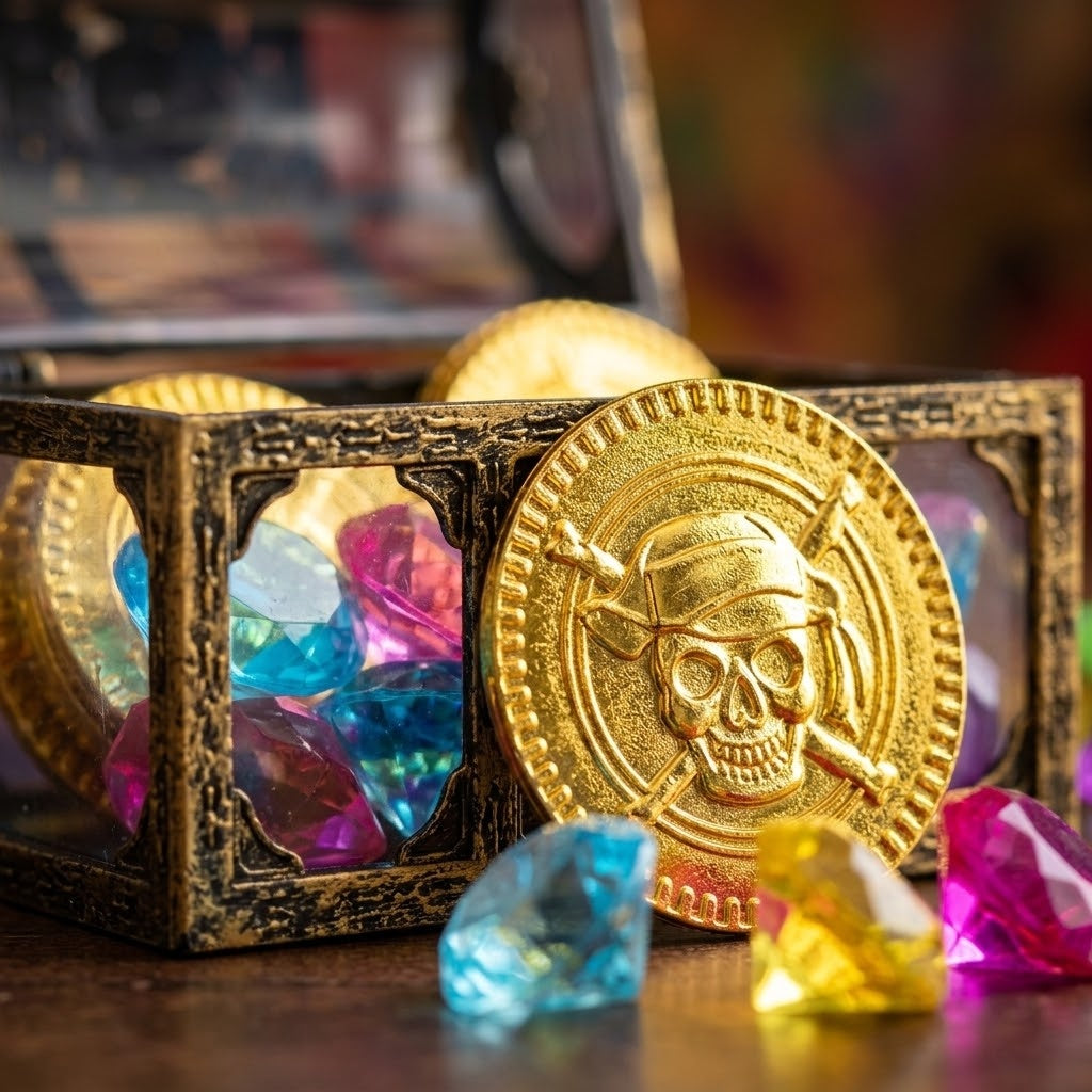Pirate Treasure Chest with Gold Coins & Gems Party Favour - close-up