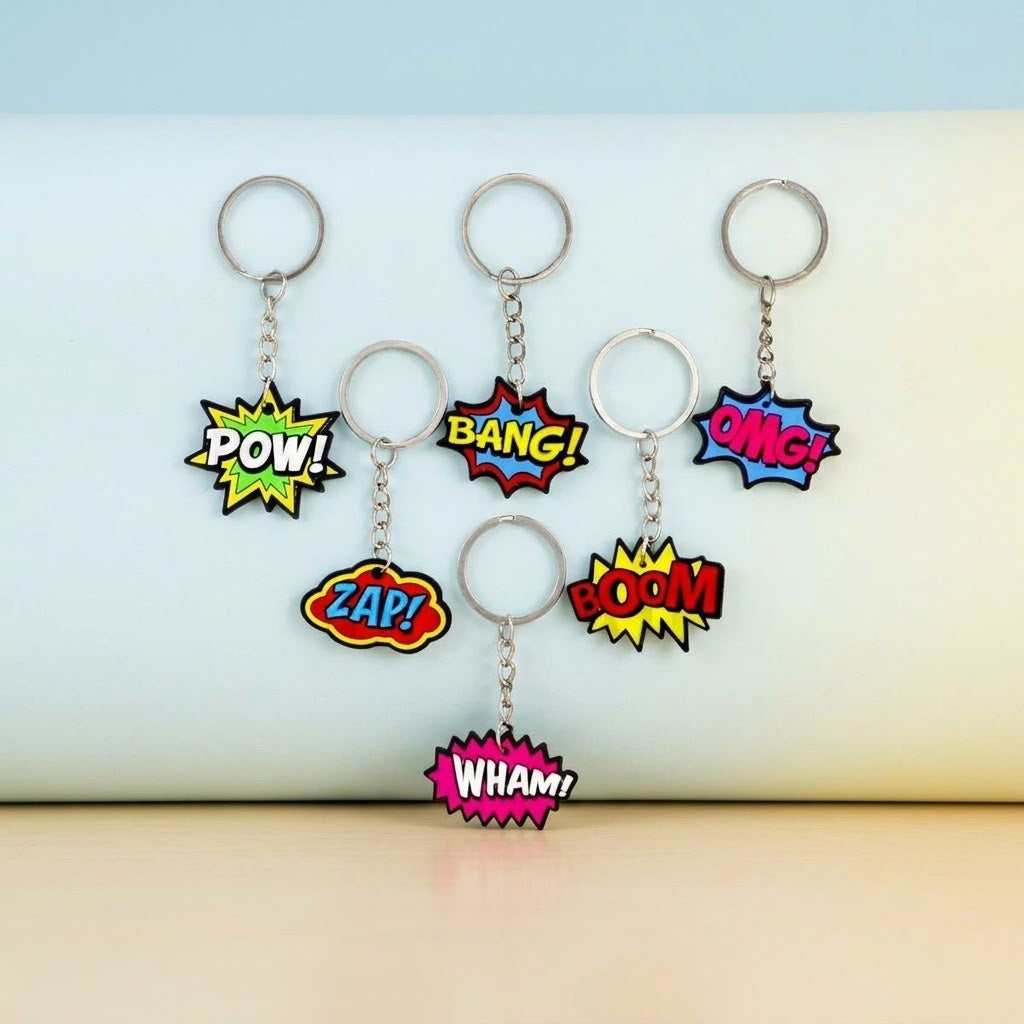 Comic Style Keychain Superhero Key Ring - studio photo